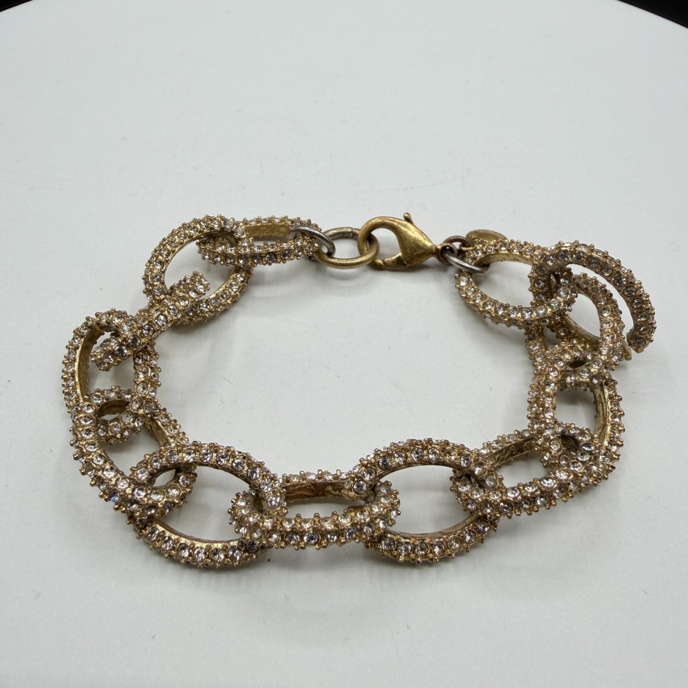 J.Crew Gold Tone Rhinestone Pave Chunky Link Statement Bracelet Lobster Clasp